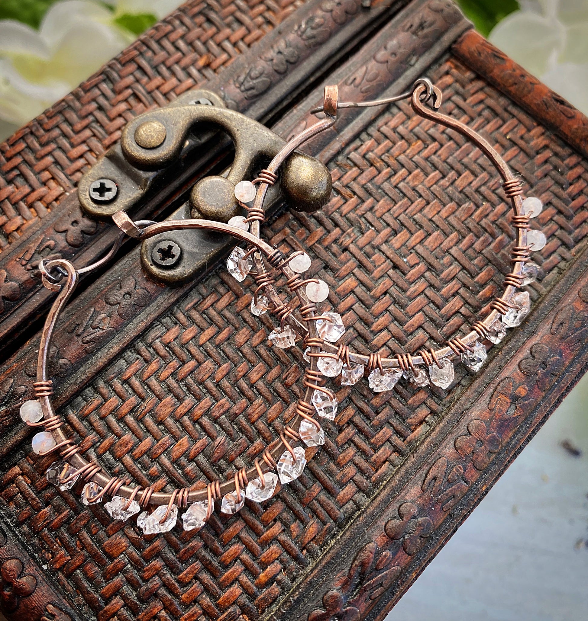 Herkimer diamonds, moonstone, copper metal hoops, wire wrapped, earrings - Andria Bieber Designs 