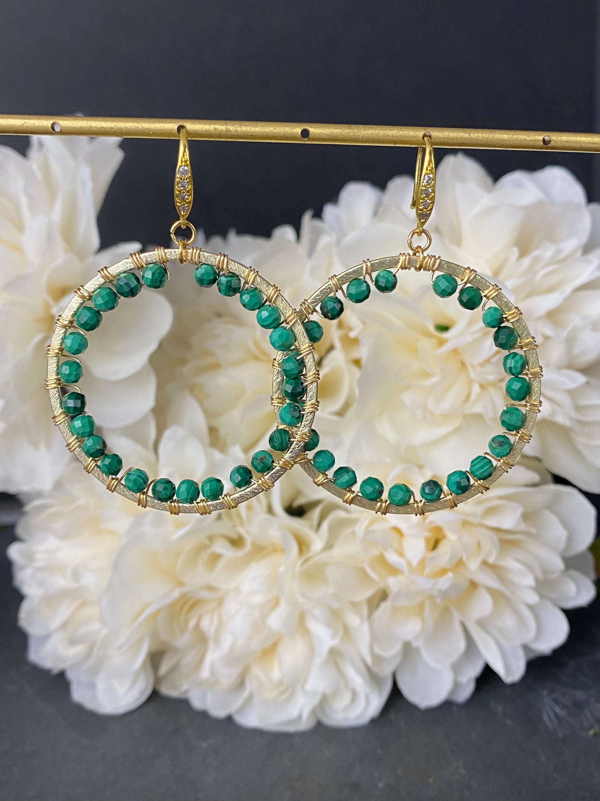 Gold hoops with genuine green malachite stone, earrings, jewelry - Andria Bieber Designs 