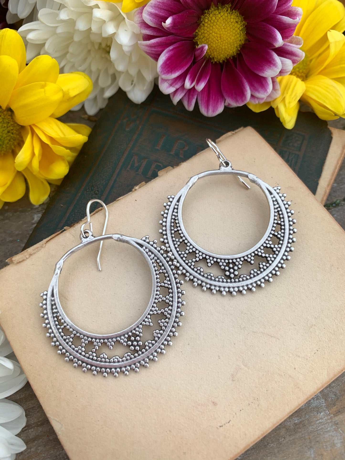 Dotted round hoop silver charms, sterling silver earrings - Andria Bieber Designs 