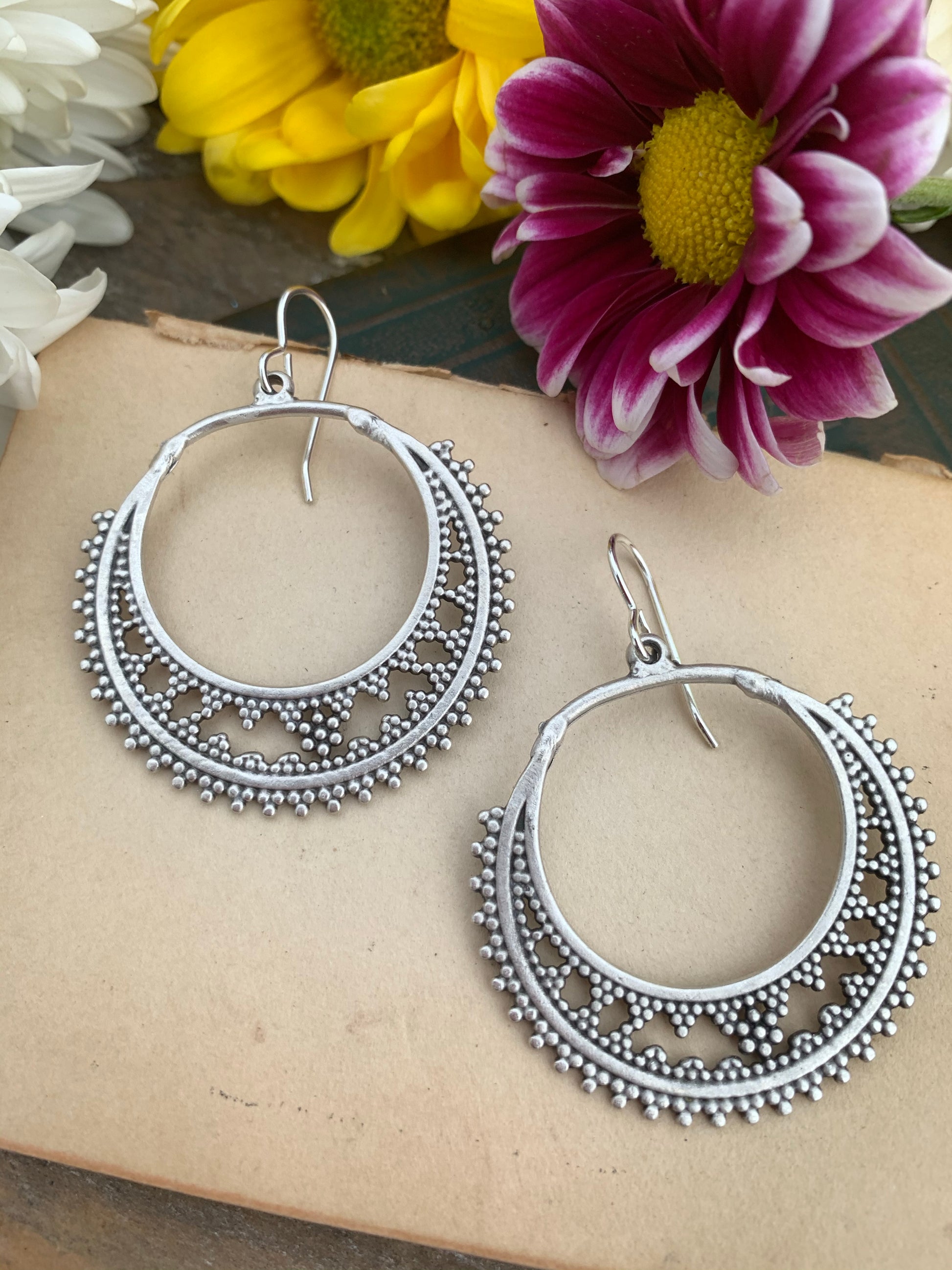 Dotted round hoop silver charms, sterling silver earrings - Andria Bieber Designs 