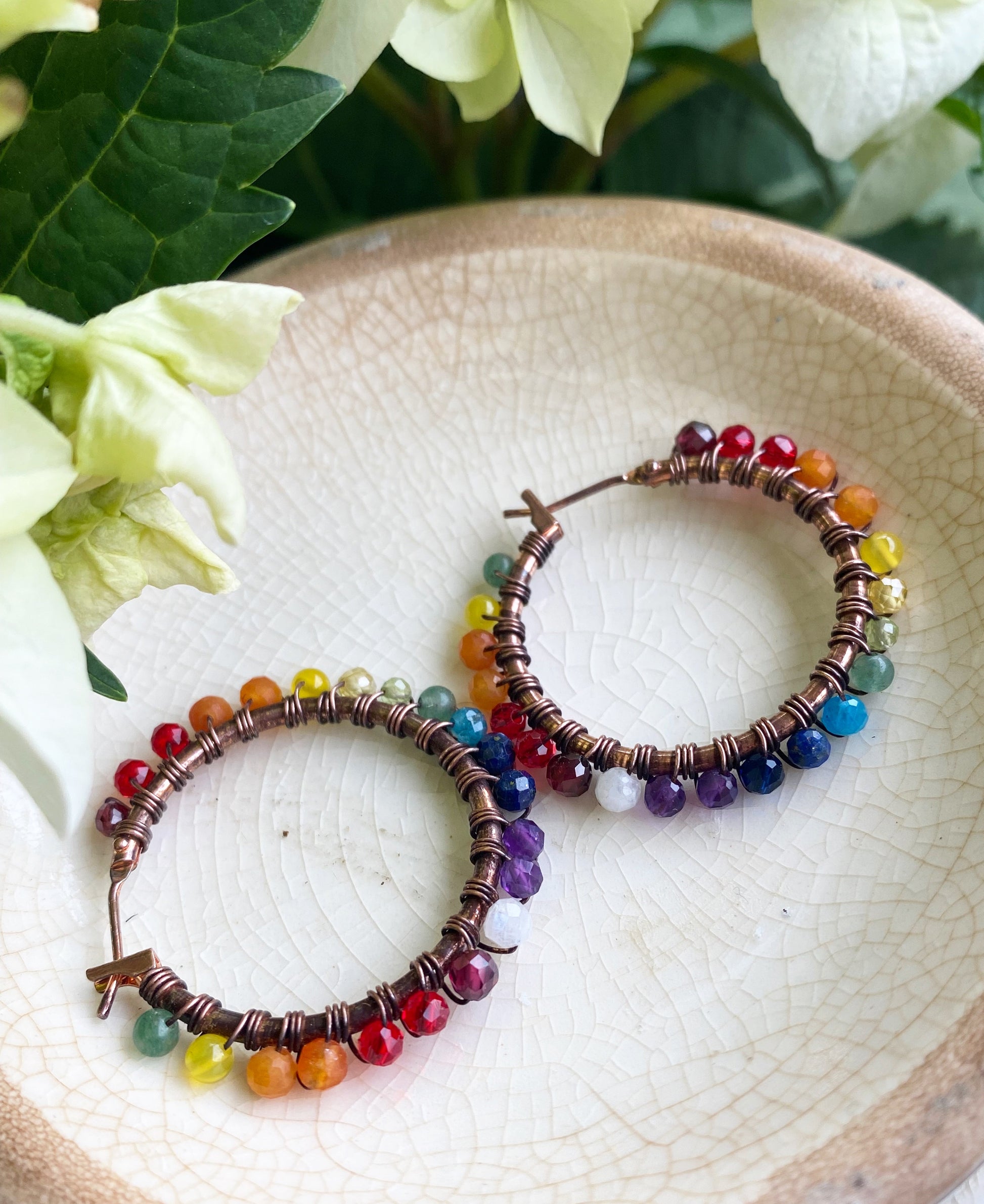 Rainbow gemstone, copper metal hoops, wire wrapped, earrings - Andria Bieber Designs 