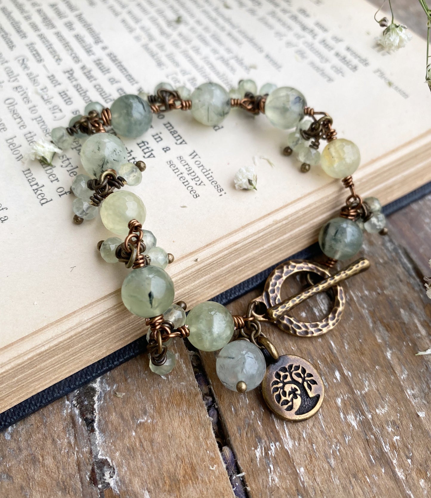 prehnite gemstone, bronze metal, bracelet, jewelry. - Andria Bieber Designs 