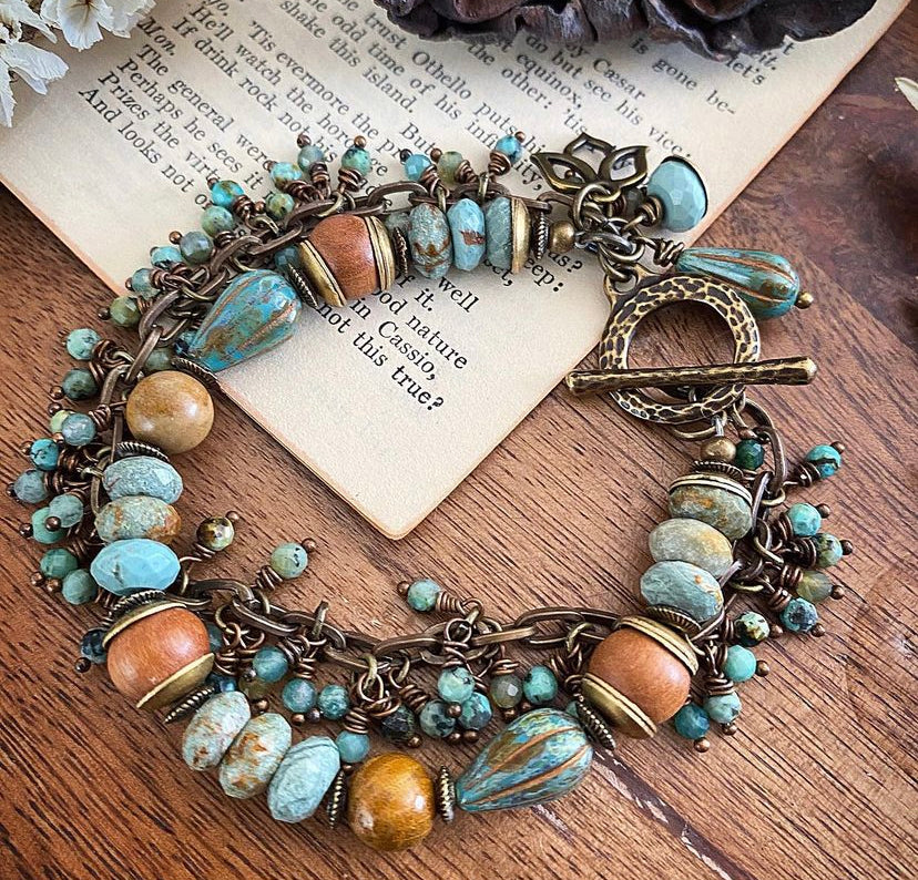 Green turquoise stone, sandalwood, Czech glass, Jasper, and bronze metal wire wrapped bracelet. - Andria Bieber Designs 
