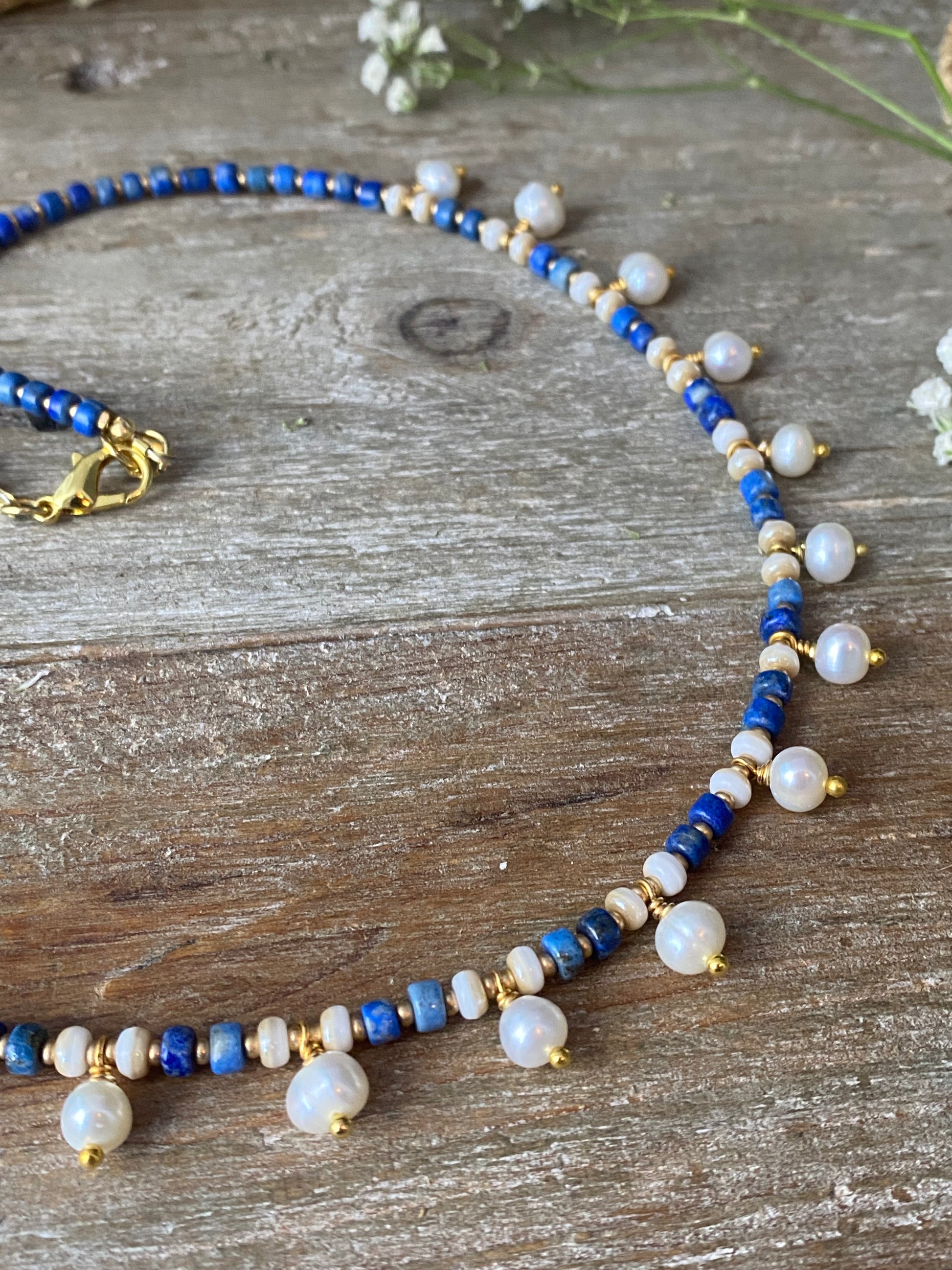 Lapis lazuli stone, freshwater pearls, gold 18k necklace, jewelry - Andria Bieber Designs 