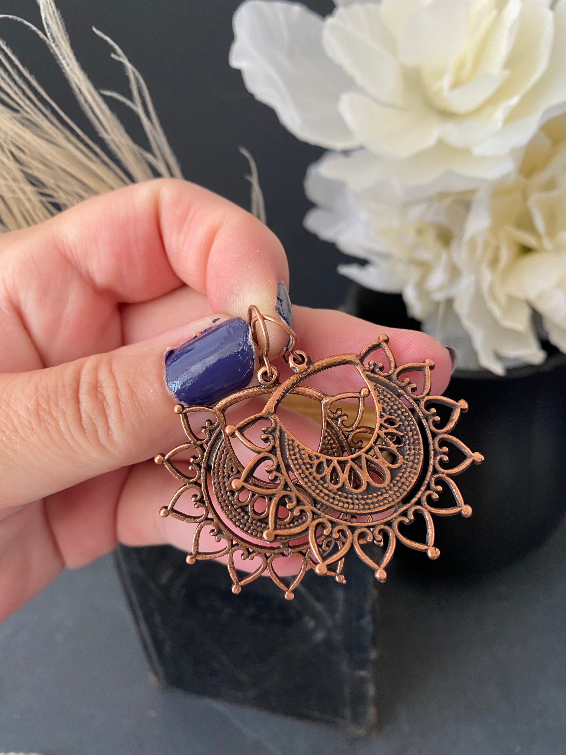 Boho sun, copper metal, earrings, jewelry. - Andria Bieber Designs 