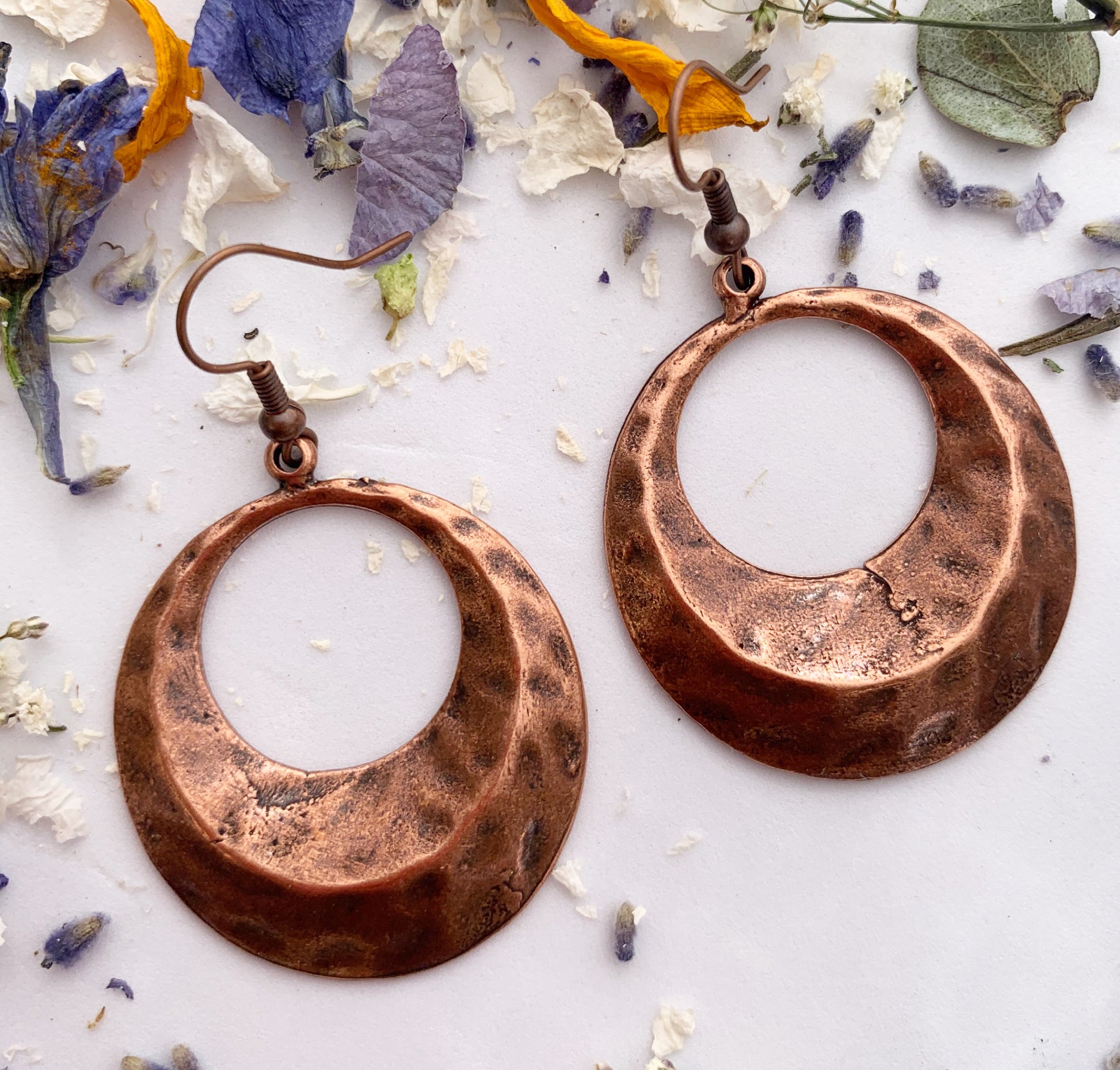 Hammered hoops. copper metal, earrings, jewelry. - Andria Bieber Designs 