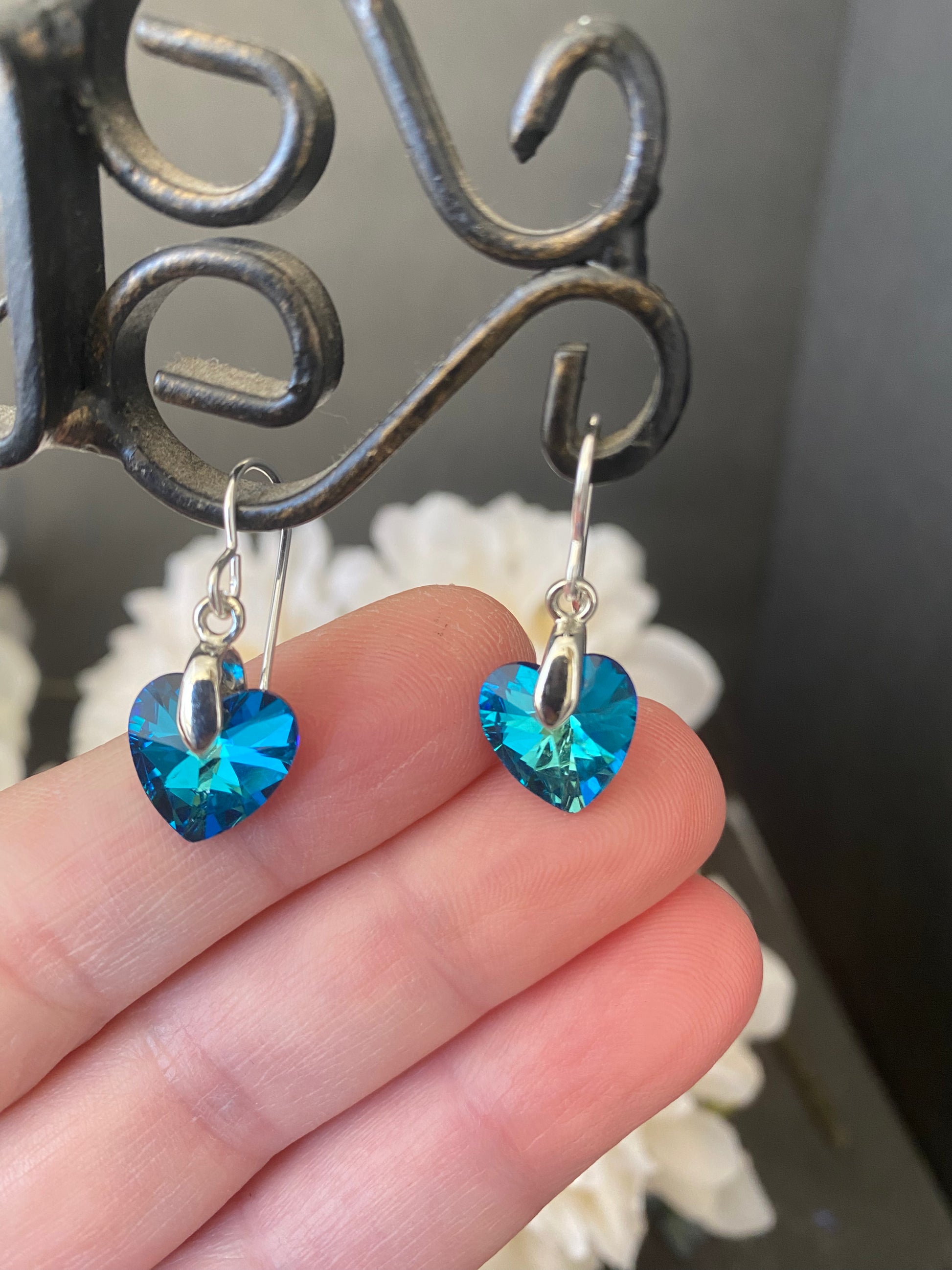 Blue crystal Silver heart charm and silver metal, earrings, jewelry. - Andria Bieber Designs 
