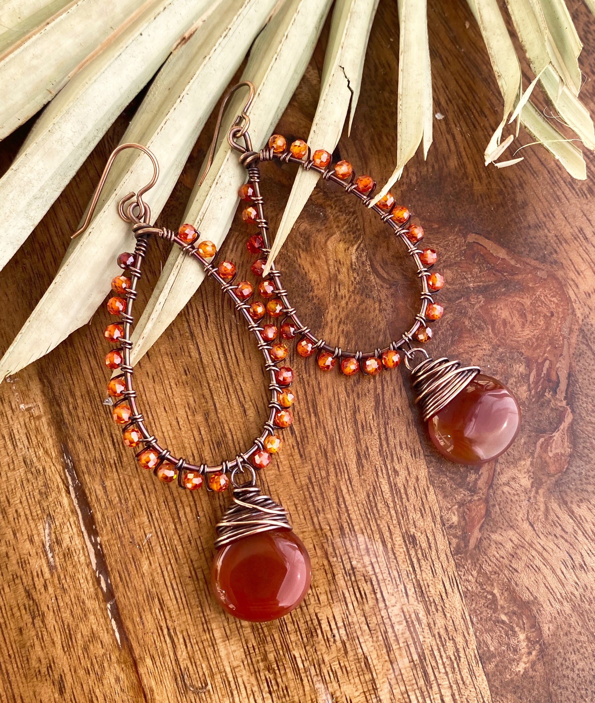 Orange leaves. Carnelian agate stone, copper metal, wire wrapped, earrings - Andria Bieber Designs 