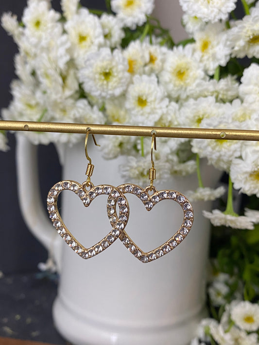 Gold heart charms, clear crystal, earrings