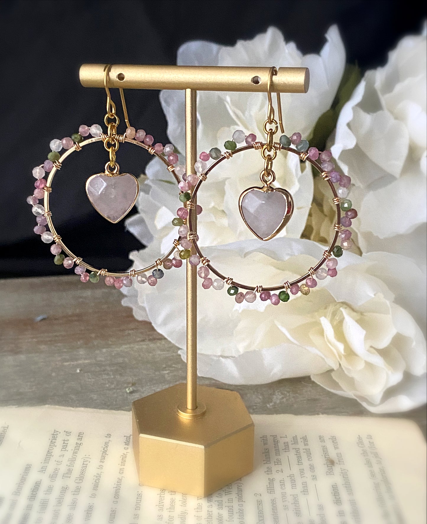 Rose quartz stone, tourmaline stone, gold hoops, earrings, jewelry