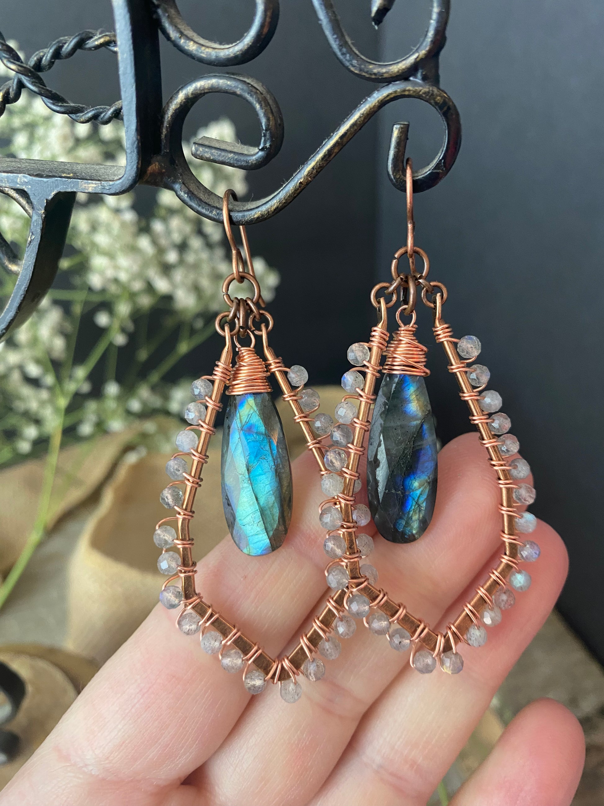 Labradorite gemstone, copper metal, wire wrapped, earrings - Andria Bieber Designs 