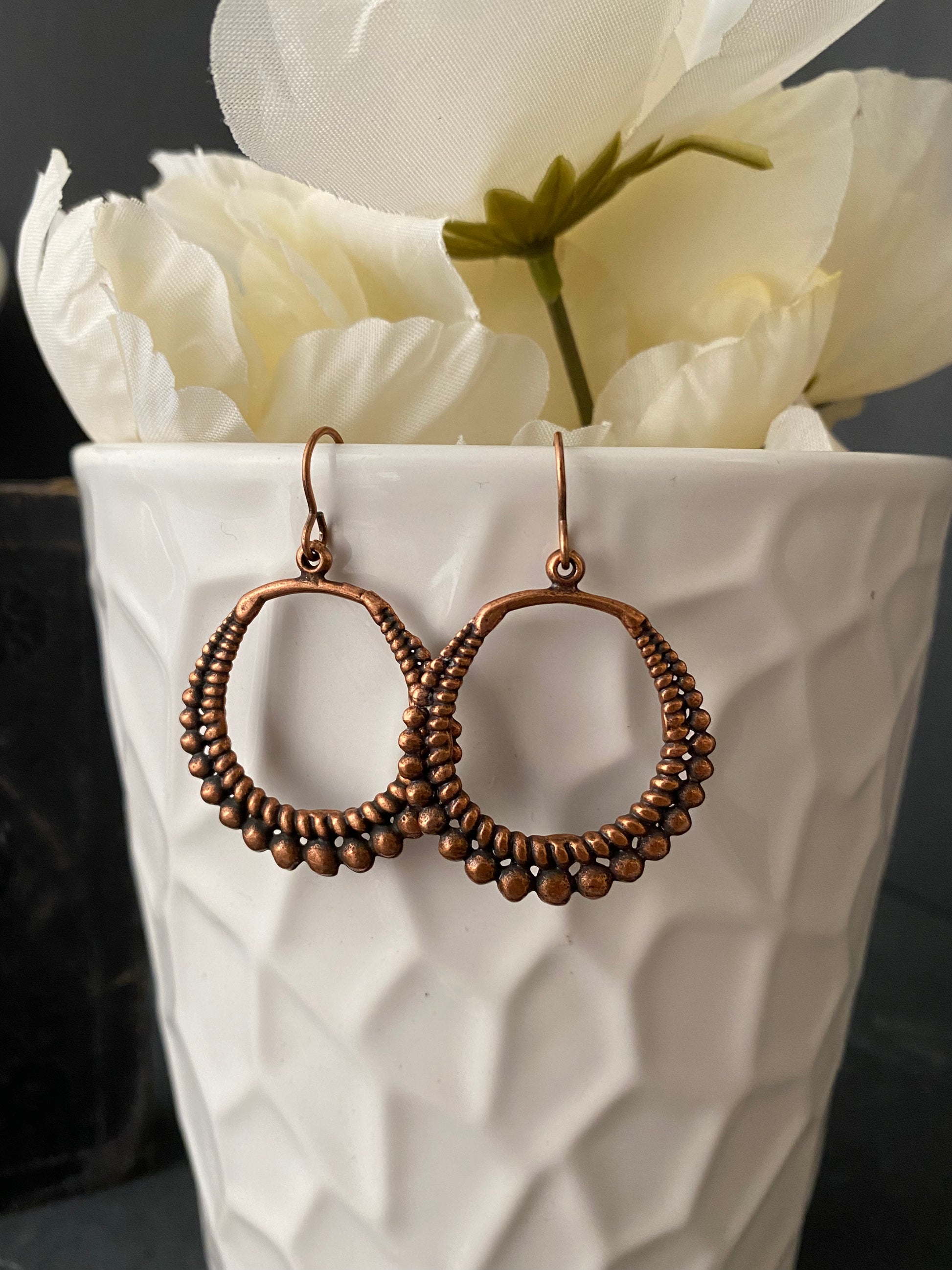 Dotted copper hoops. copper metal, earrings, jewelry. - Andria Bieber Designs 