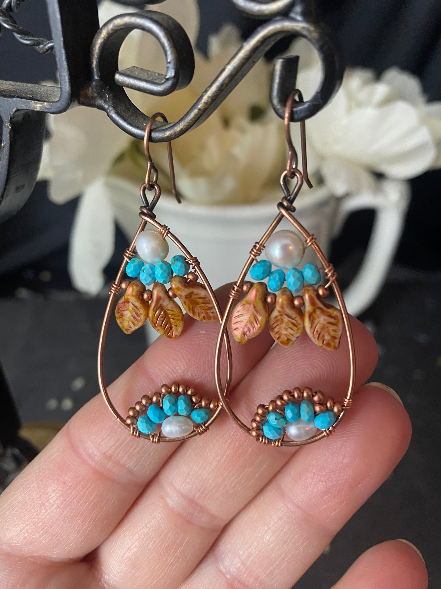 Copper Czech glass leaves, blue turquoise stone, copper earrings