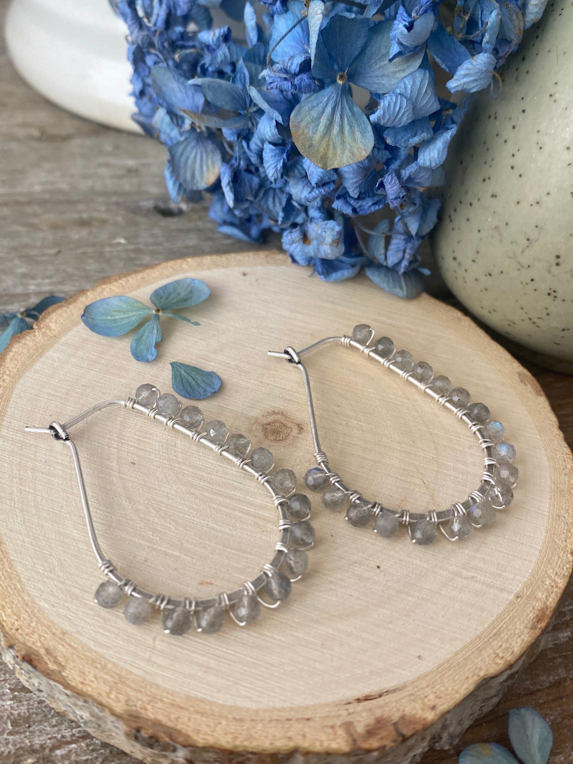 Labradorite stone, wire wrapped silver hoop earrings, jewelry - Andria Bieber Designs 