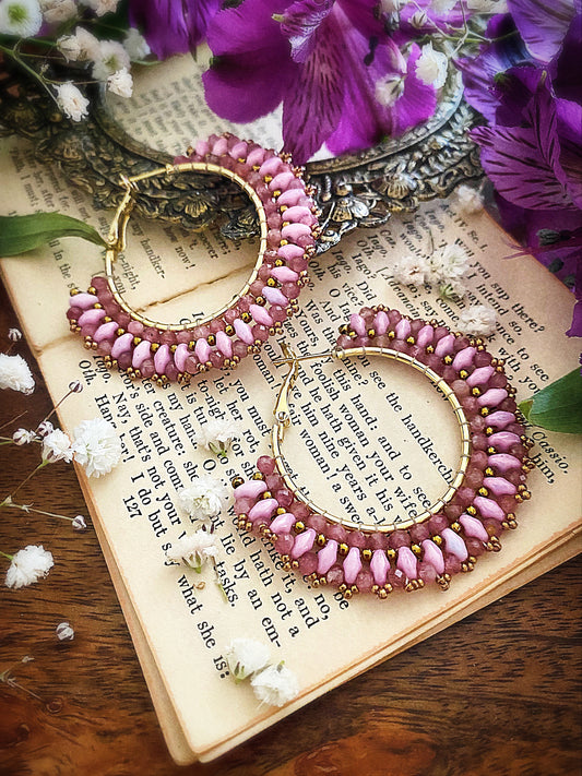 Pink dreams. Tourmaline stone. Miuki glass seed beads, hoop, weaved, earrings. - Andria Bieber Designs 