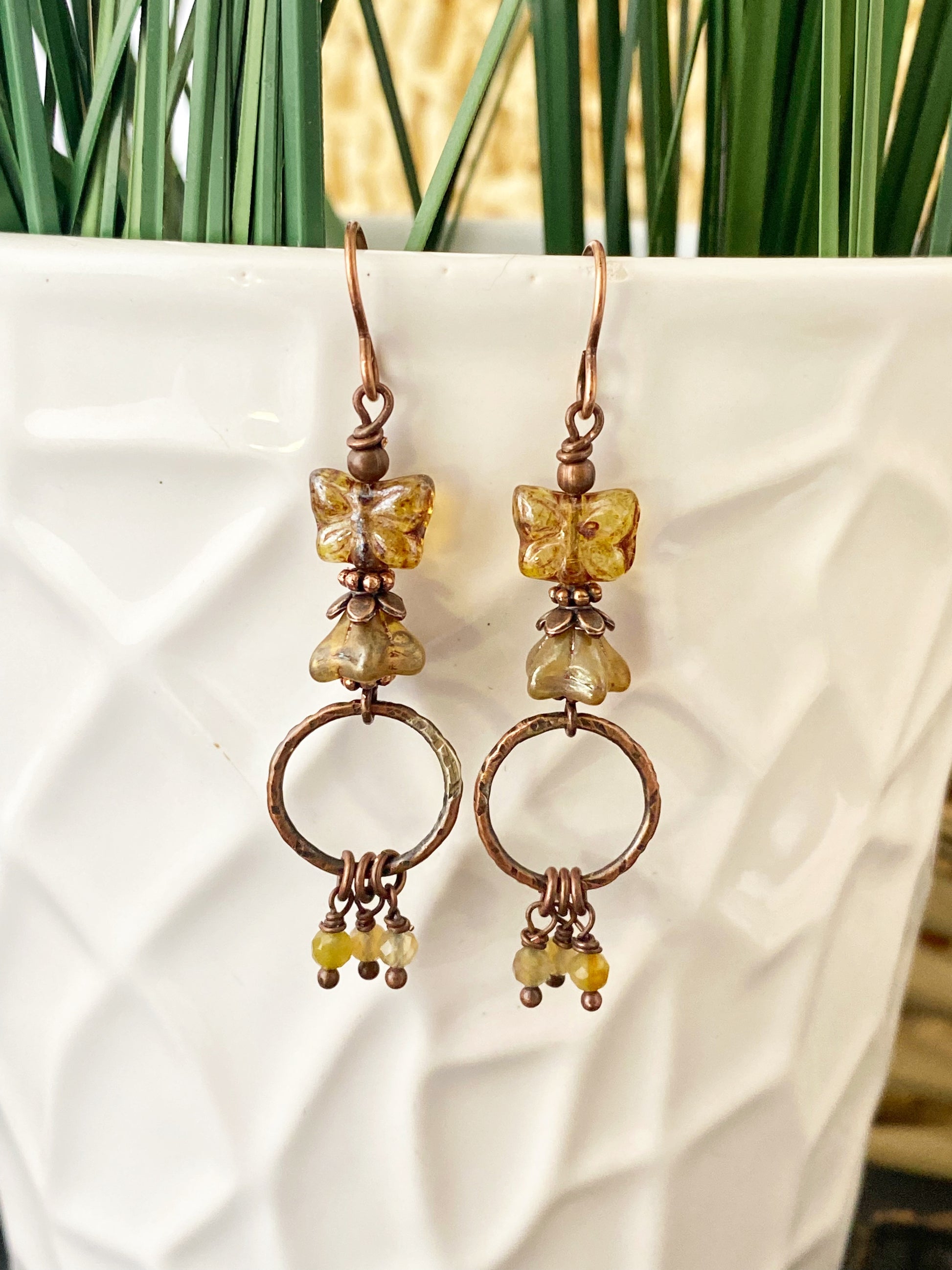 Butterfly Czech glass, citrine stone and copper metal earrings - Andria Bieber Designs 