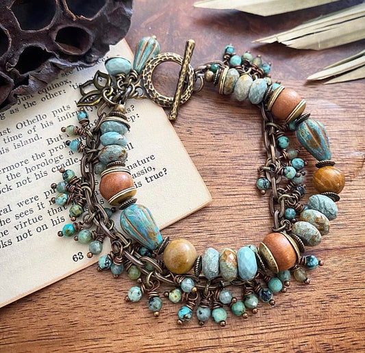 Green turquoise stone, sandalwood, Czech glass, Jasper, and bronze metal wire wrapped bracelet. - Andria Bieber Designs 