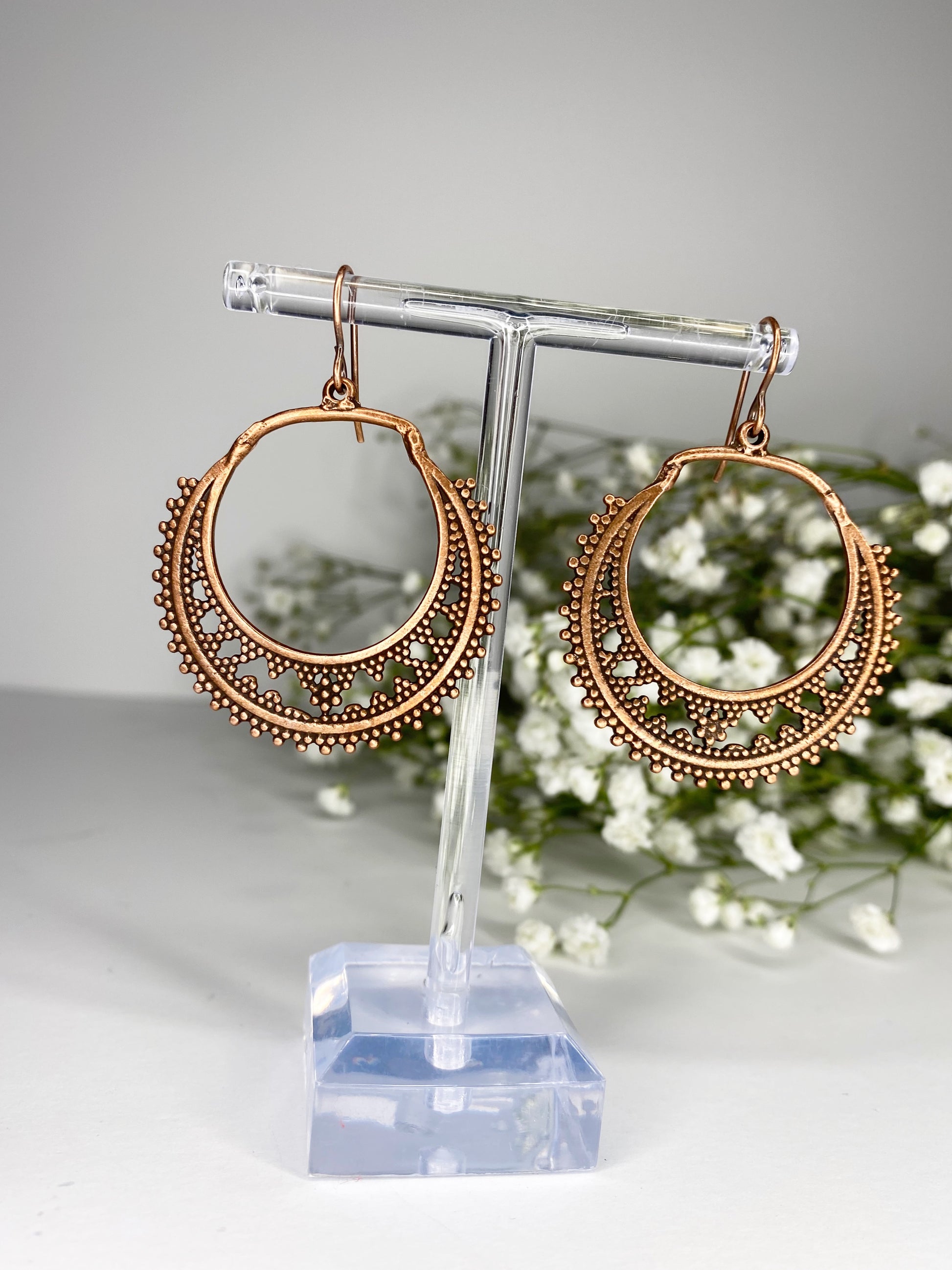 Copper dotted boho charm earrings, Copper  metal, jewelry - Andria Bieber Designs 