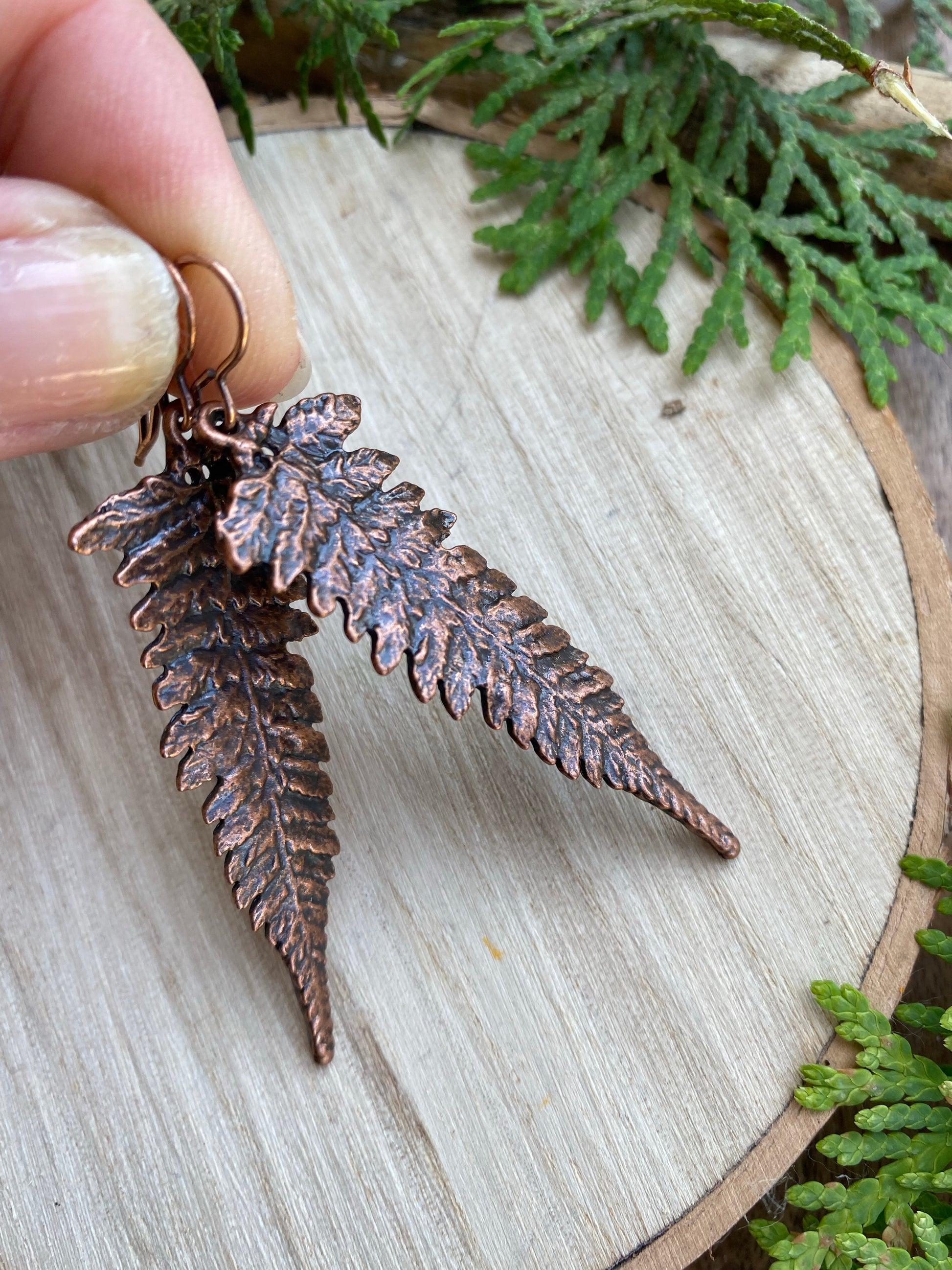 Ferns. Fern detailed copper charm earrings. - Andria Bieber Designs 