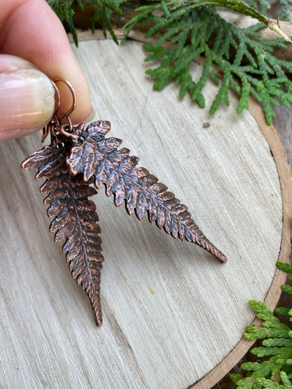 Ferns. Fern detailed copper charm earrings. Andria Bieber Designs