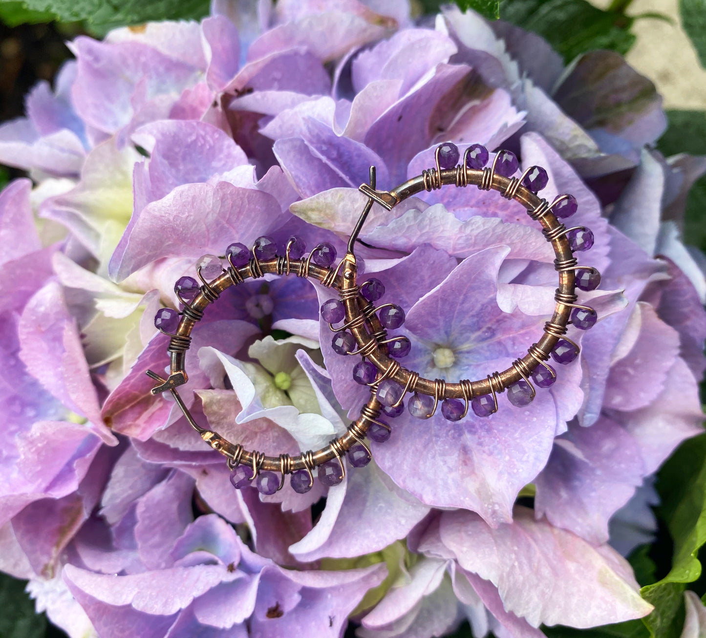 Amethyst gemstone, copper metal hoops, wire wrapped, earrings - Andria Bieber Designs 