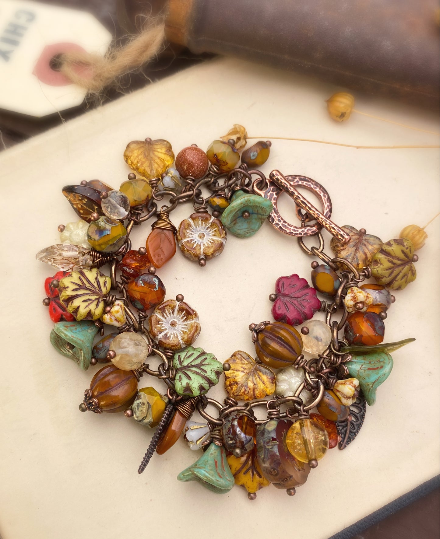 MTO- Fallen leaves. Mixed gemstone, Czech glass, bronze metal bracelet. - Andria Bieber Designs 