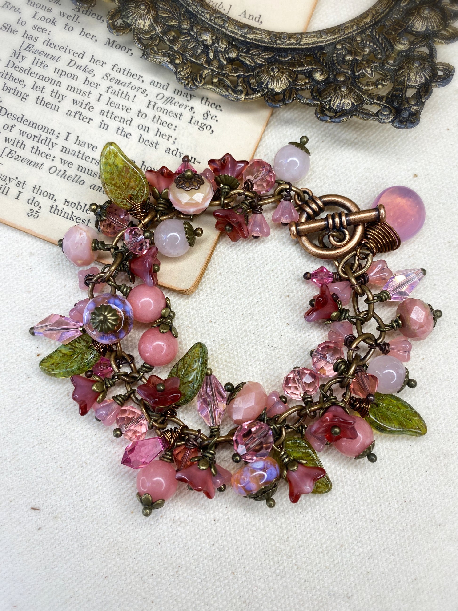 Mto. Pink petals. Mixed gemstone, Czech glass, bronze metal bracelet. - Andria Bieber Designs 