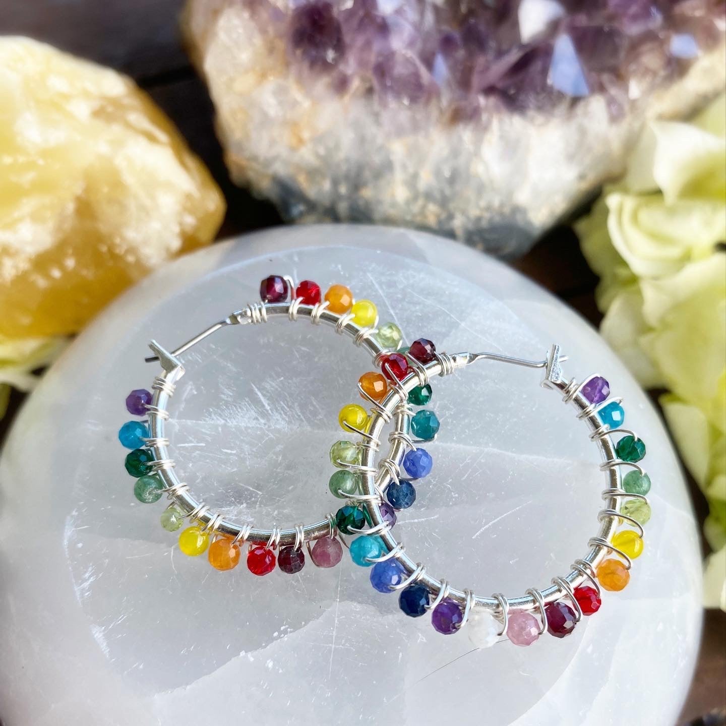 Rainbow gemstone, silver metal hoops, wire wrapped, earrings - Andria Bieber Designs 