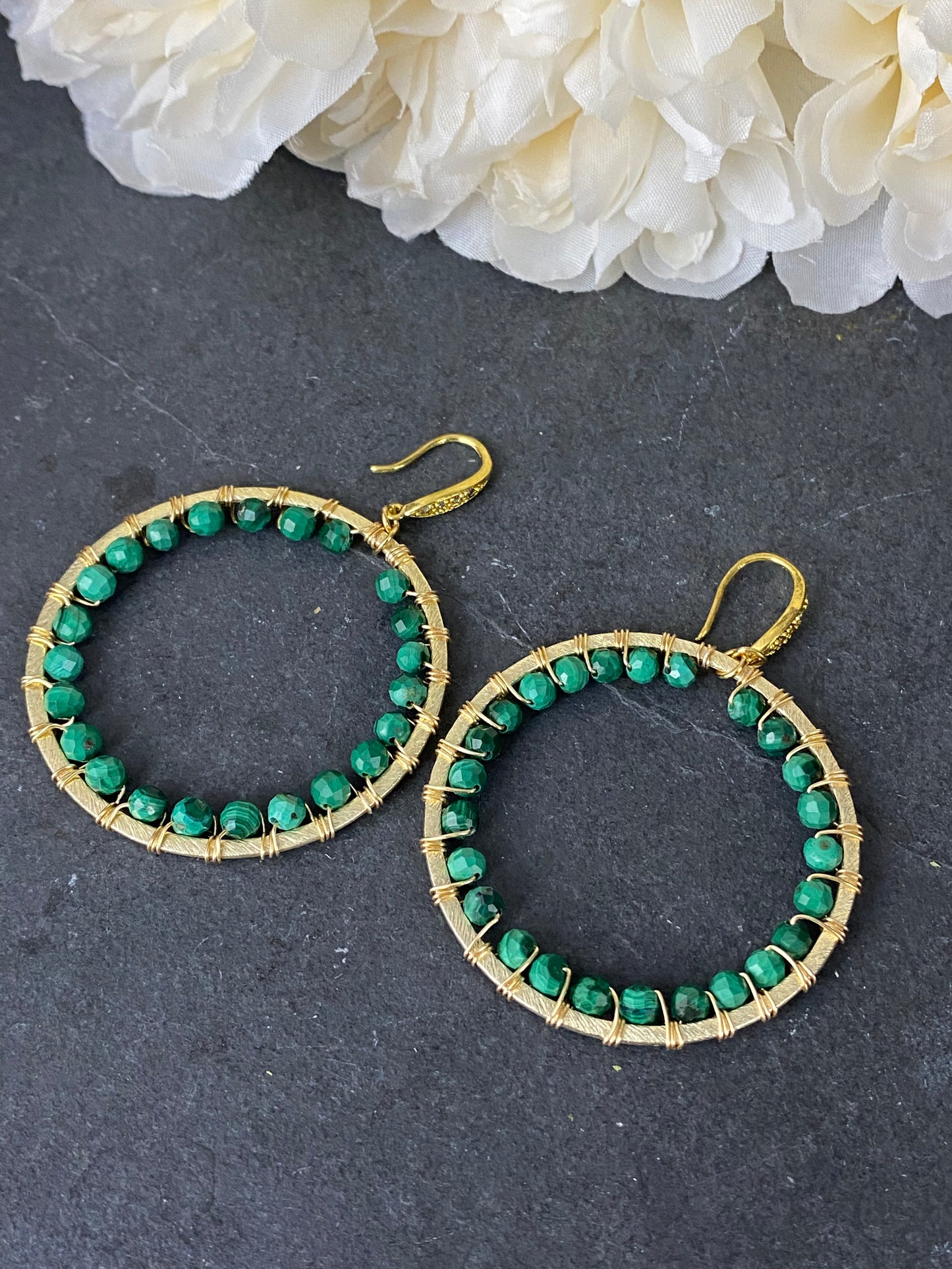 Gold hoops with genuine green malachite stone, earrings, jewelry - Andria Bieber Designs 