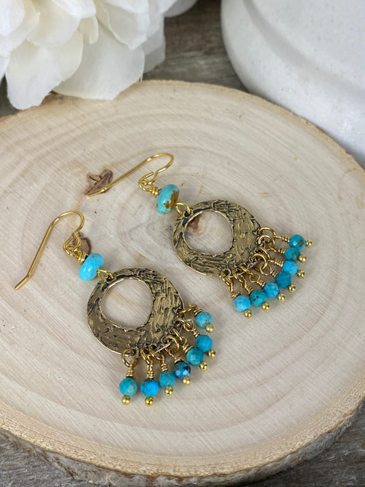 Gold hammered hoops, turquoise stone, earrings, jewelry