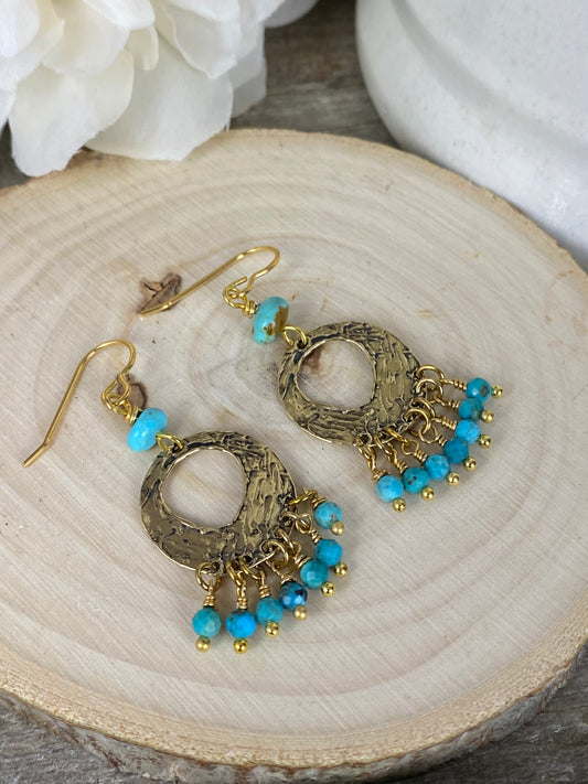 Gold hammered hoops, turquoise stone, earrings, jewelry