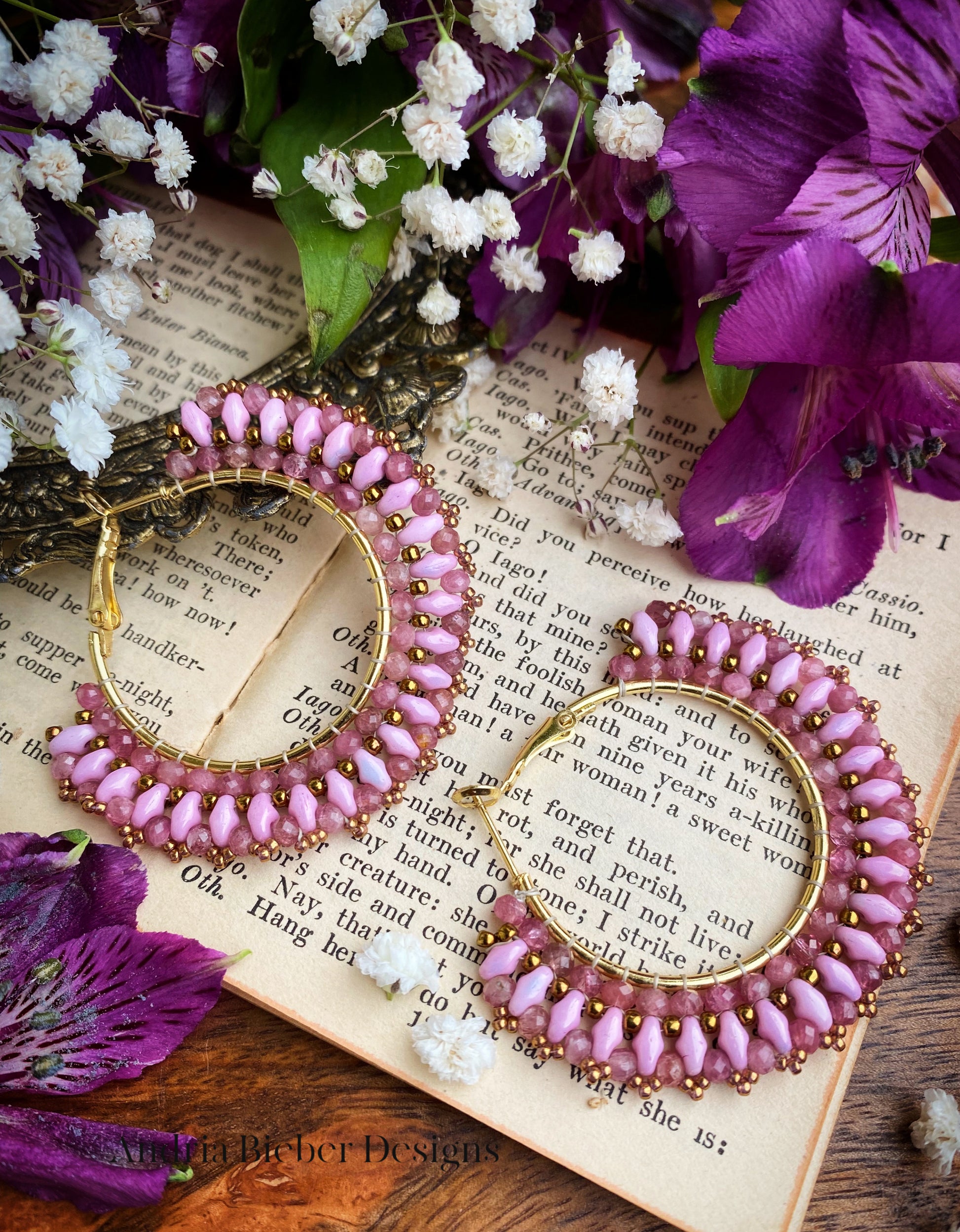 Pink dreams. Tourmaline stone. Miuki glass seed beads, hoop, weaved, earrings. - Andria Bieber Designs 