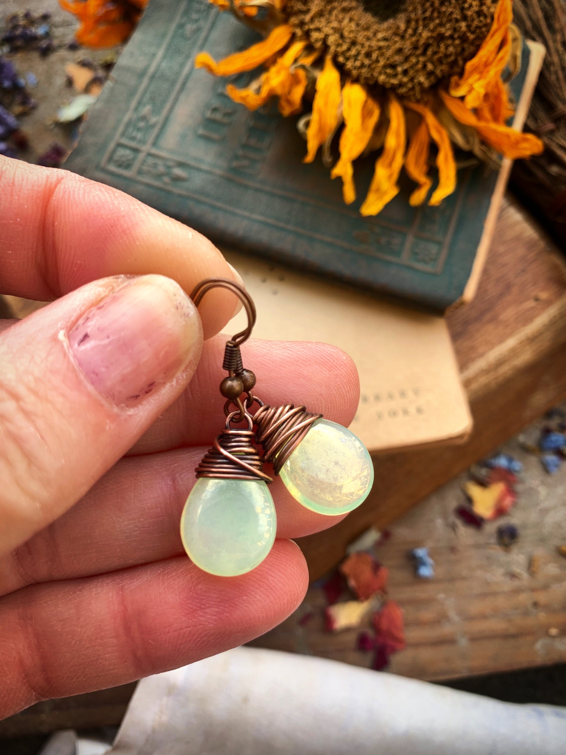 Yellow shiny teardrop Czech glass and copper wire wrapped earrings. - Andria Bieber Designs 
