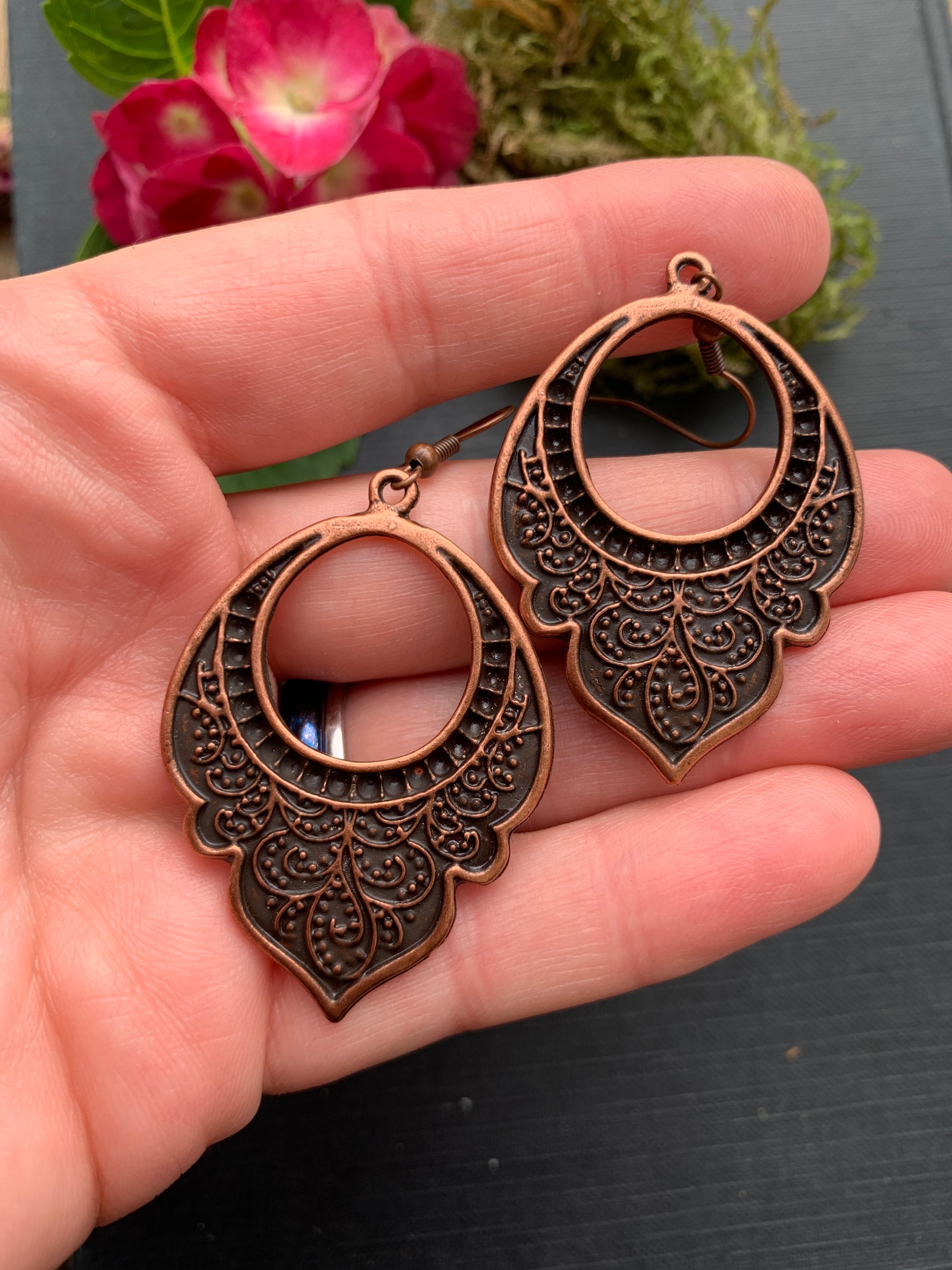 Flower Arabian drops, copper metal, earrings, jewelry. - Andria Bieber Designs 