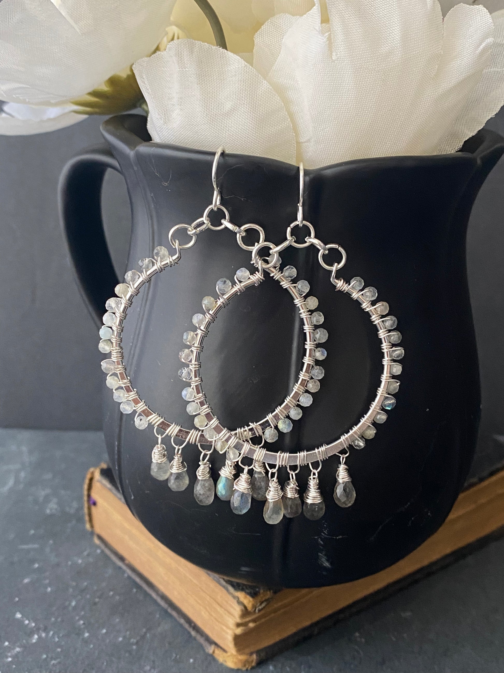 Labradorite gemstone silver metal hoop earrings. - Andria Bieber Designs 