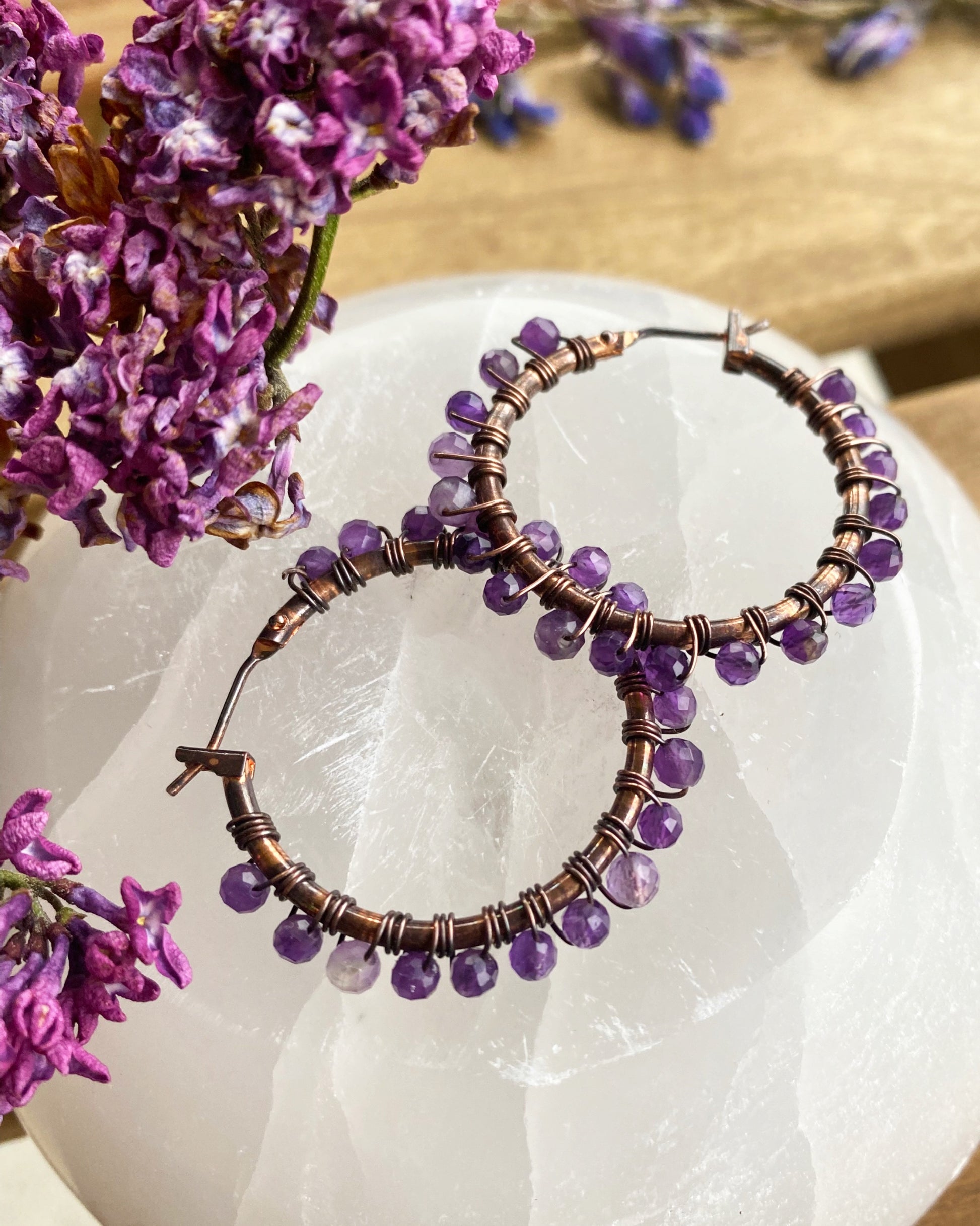 Amethyst gemstone, copper metal hoops, wire wrapped, earrings - Andria Bieber Designs 