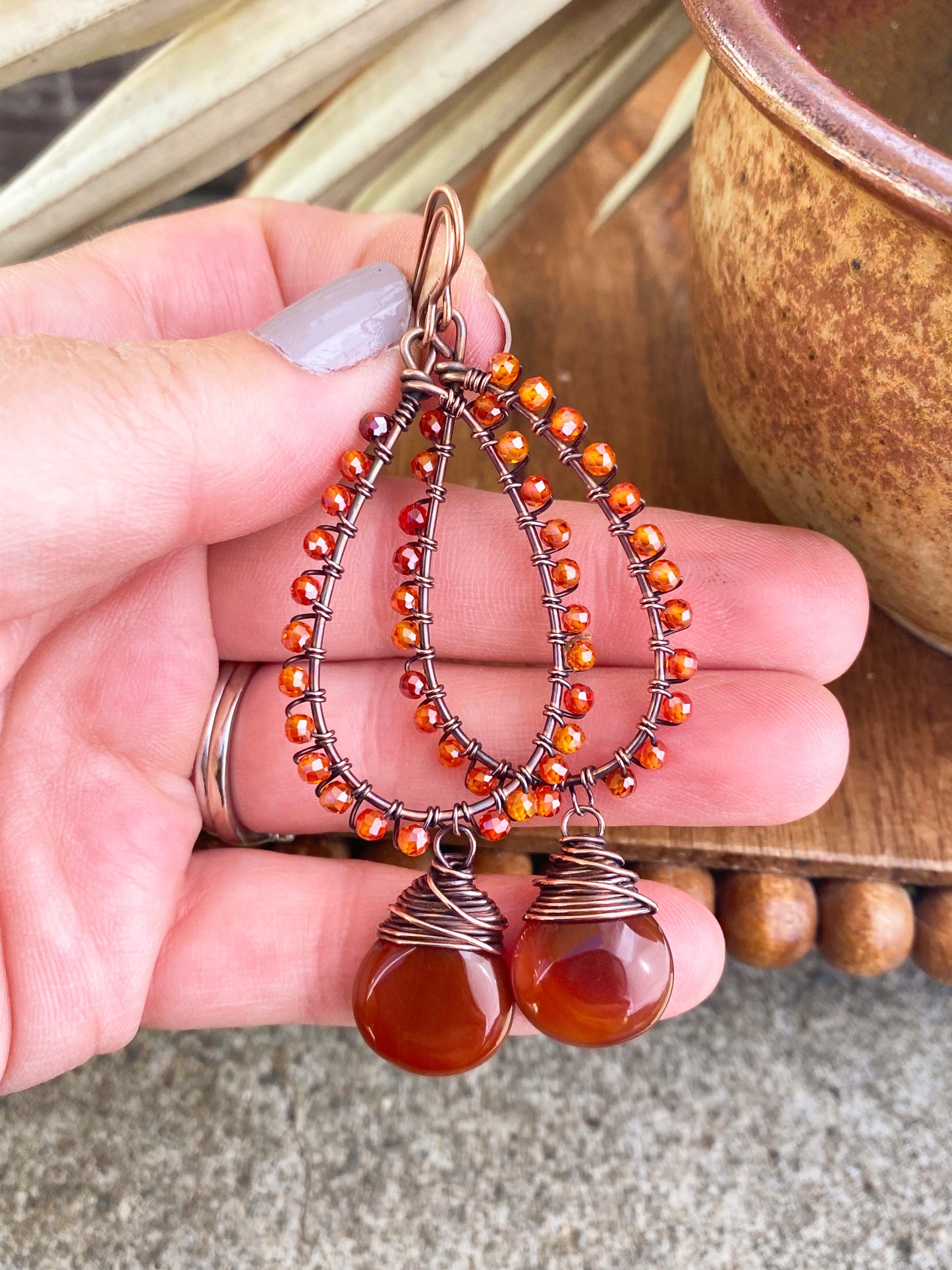 Orange leaves. Carnelian agate stone, copper metal, wire wrapped, earrings - Andria Bieber Designs 