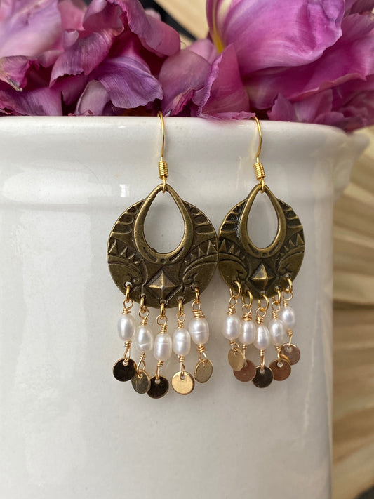 Bronze boho and Gold metal and freshwater pearl wire wrapped earrings