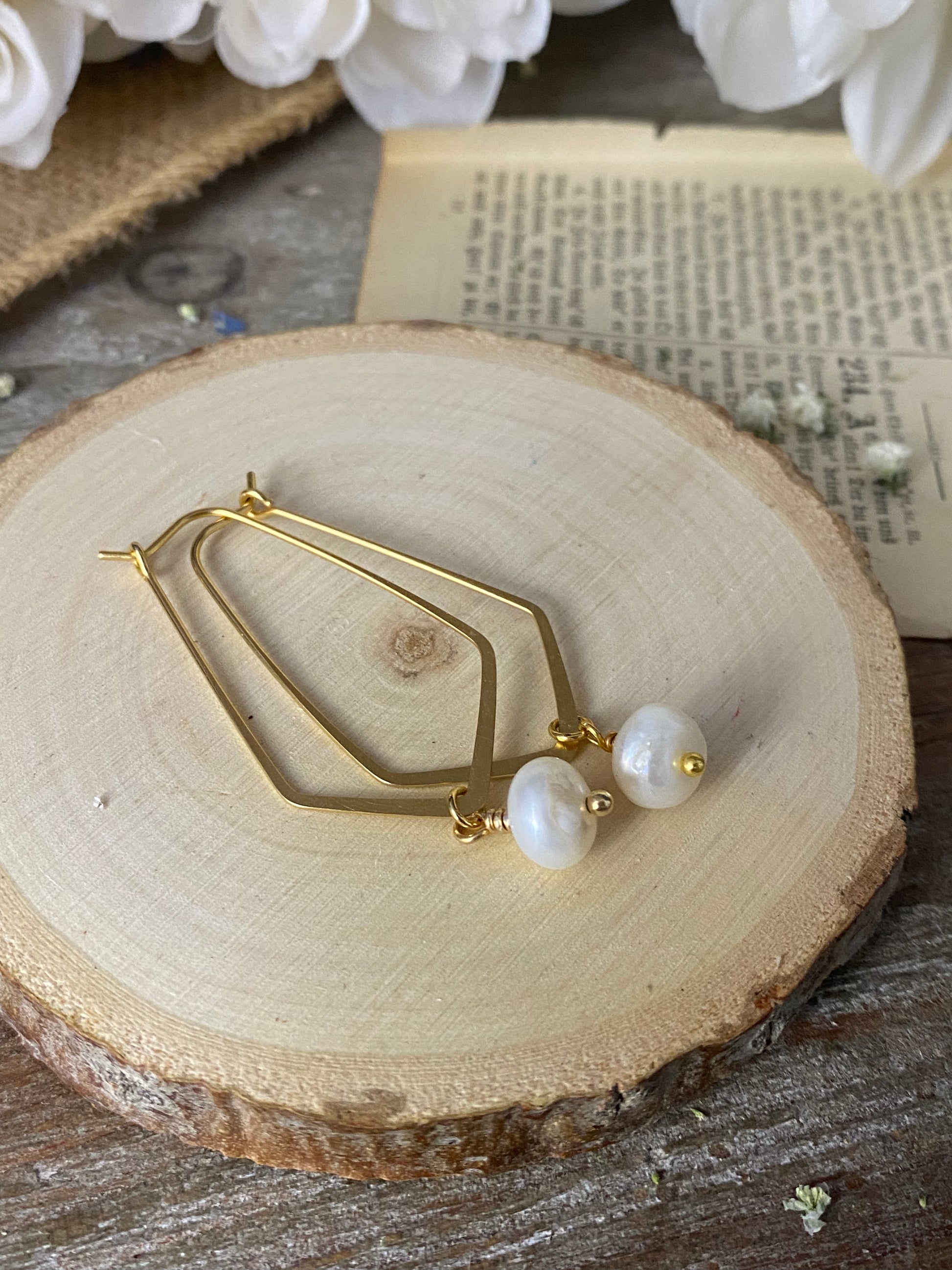 Pearls, 10k gold metal hoop earrings - Andria Bieber Designs 