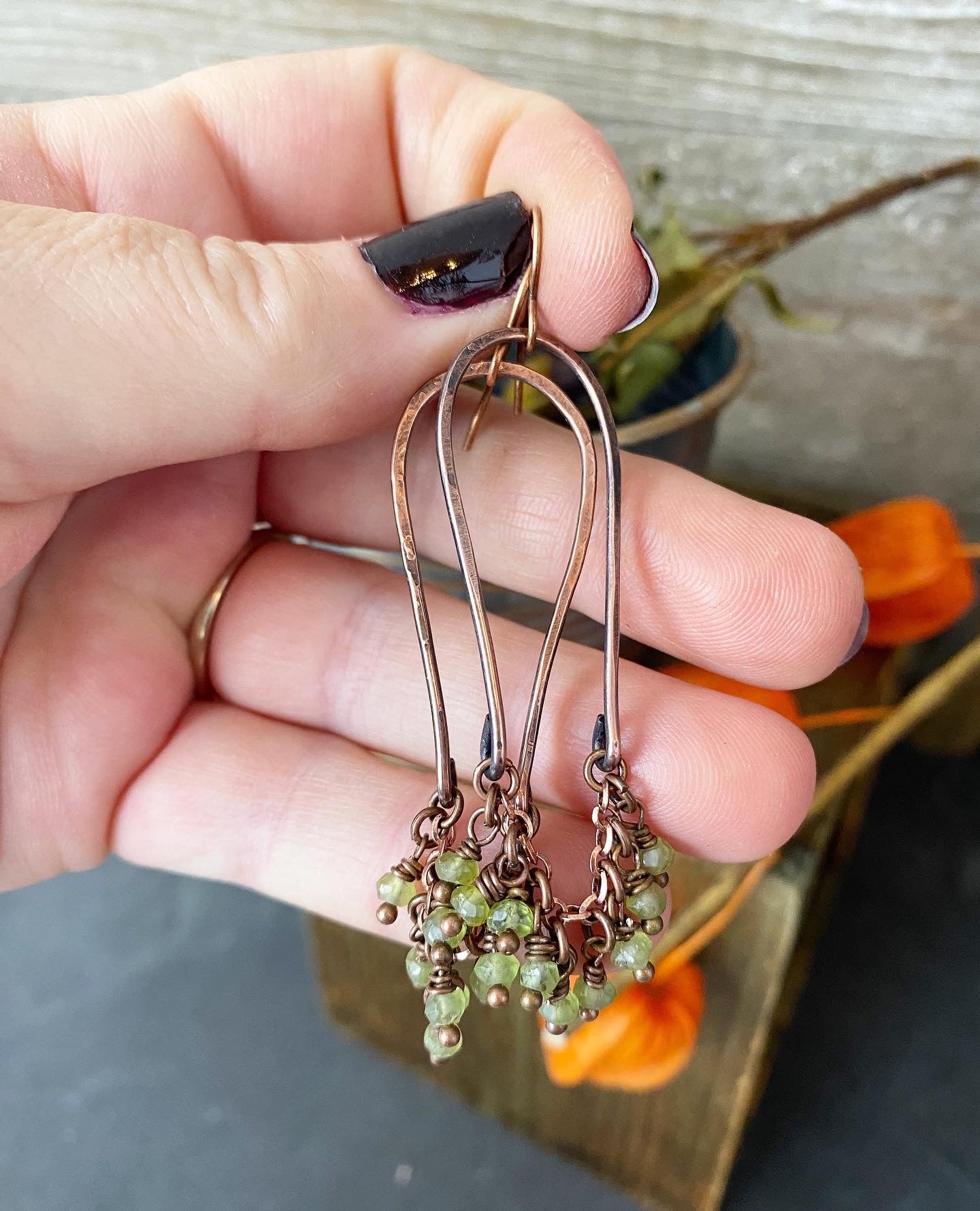Peridot faceted stone, copper wire wrapped, earrings - Andria Bieber Designs 