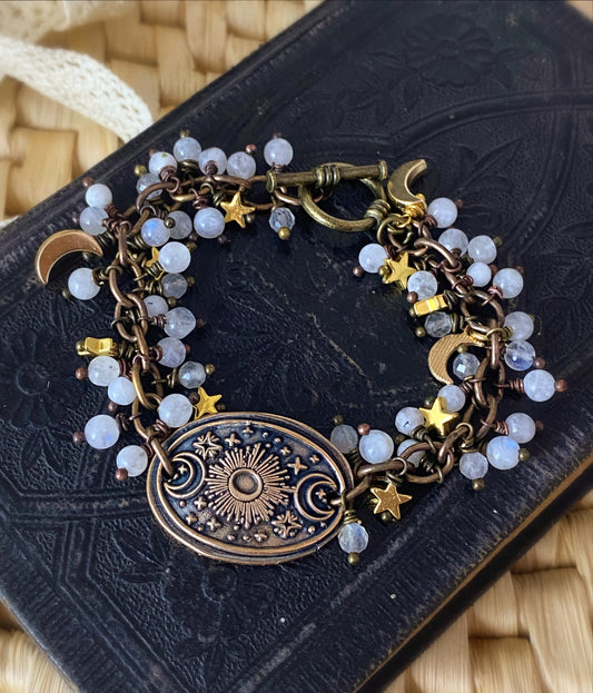 Moonstone, moons and stars. Moonstone, celestial cuff, bracelet , jewelry - Andria Bieber Designs 