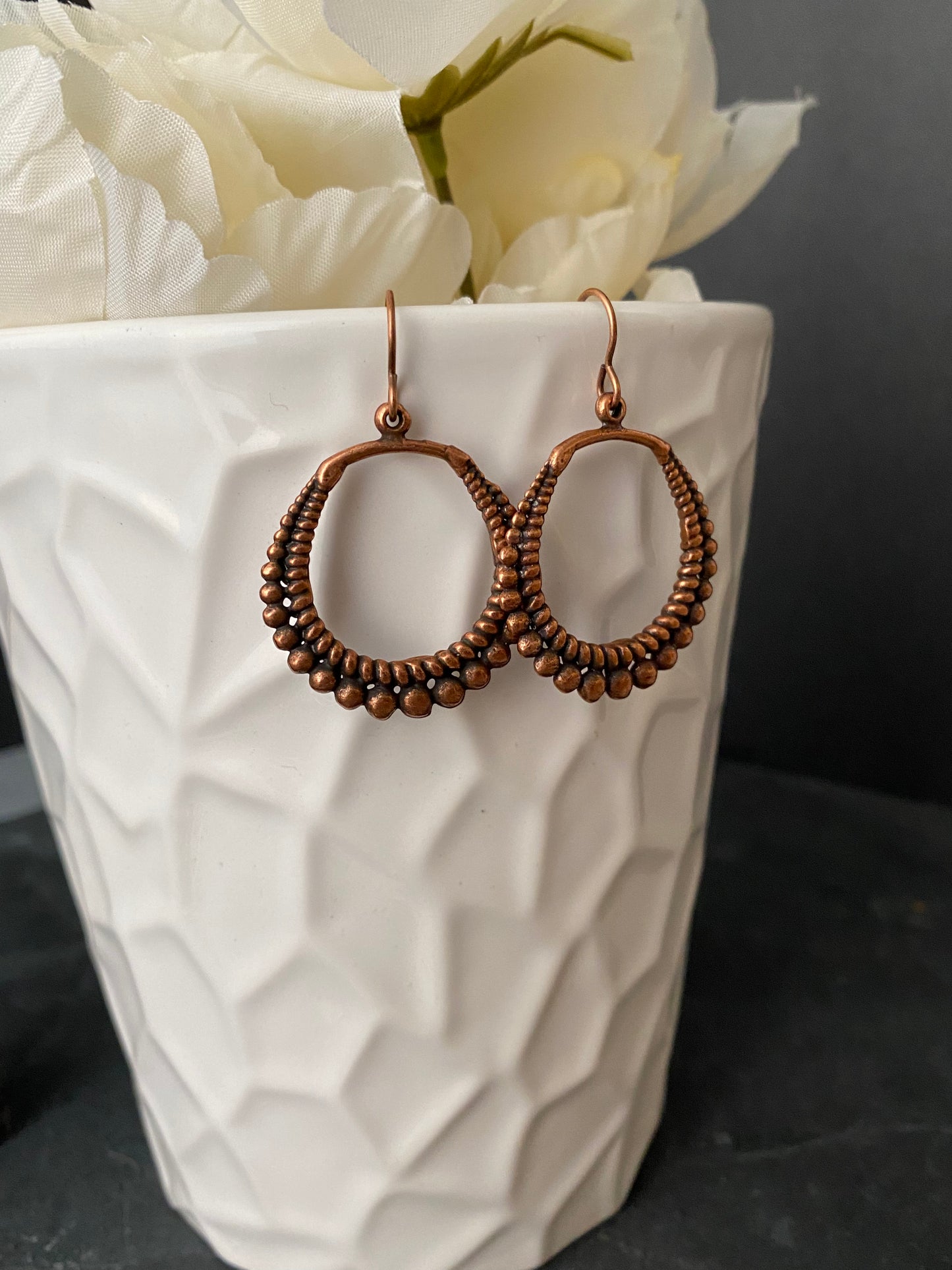 Dotted copper hoops. copper metal, earrings, jewelry. - Andria Bieber Designs 