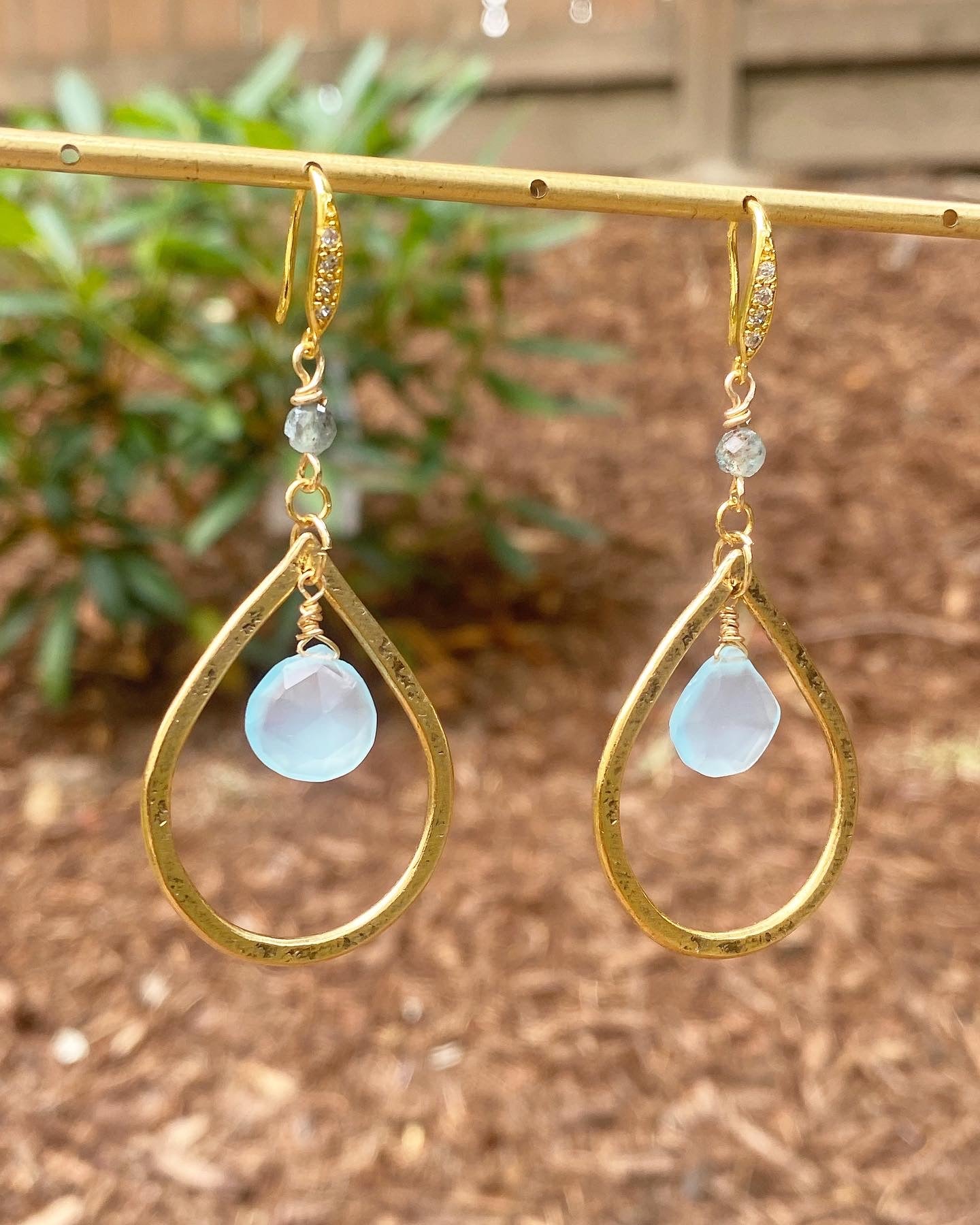 Heart blue chalcedony stone, gold metal hoop earrings. - Andria Bieber Designs 