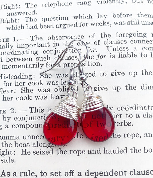 Red transparent teardrop Czech glass and silver wire wrapped, sterling silver earrings. - Andria Bieber Designs 