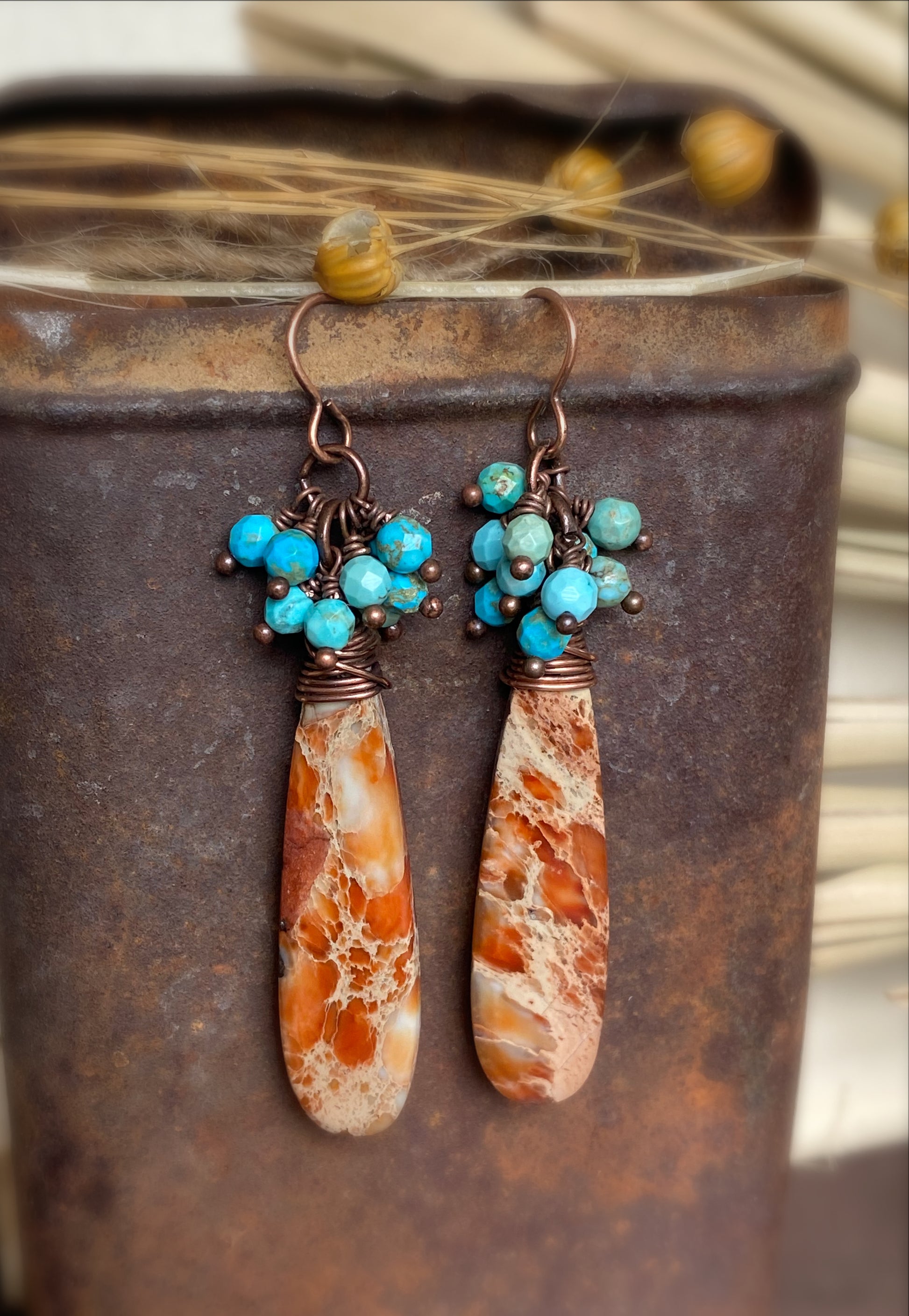 Turquoise jasper stone, orange Jasper, copper metal, earrings. - Andria Bieber Designs 