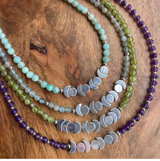 Moon phase rhodium silver charms, labradorite stone, necklace, jewelry - Andria Bieber Designs 