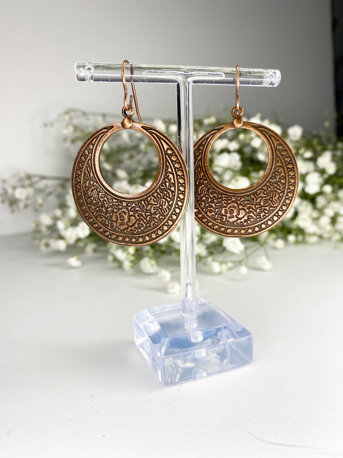 Copper filigree boho hoop charm earrings, Copper  metal, jewelry - Andria Bieber Designs 