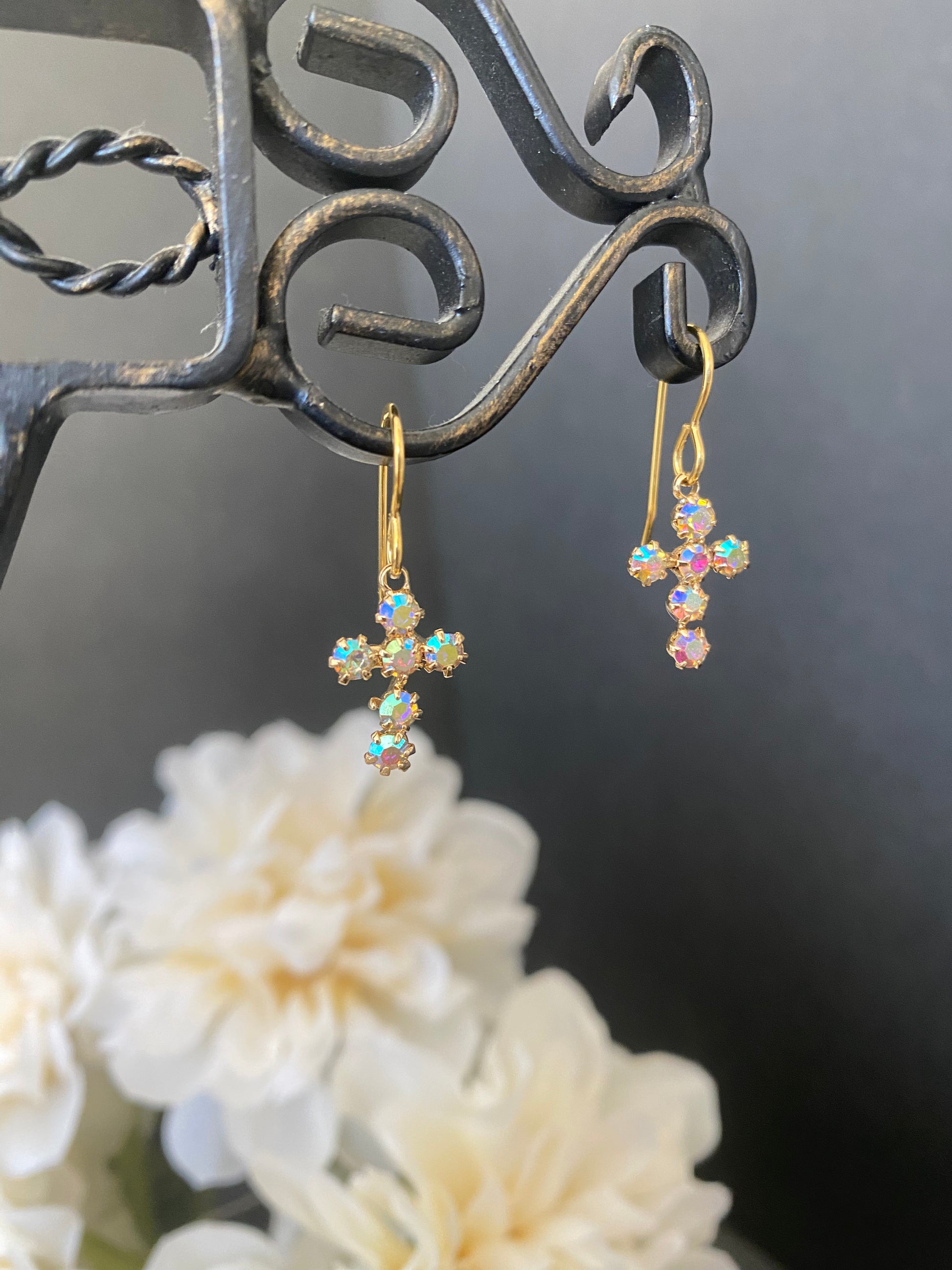 Crystal cross charms, gold metal earrings, jewelry. - Andria Bieber Designs 