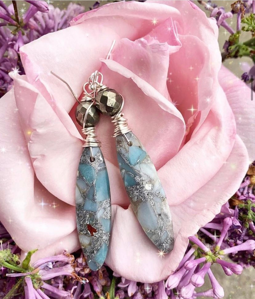 Jasper stone drop, pyrite, sterling silver, earrings - Andria Bieber Designs 