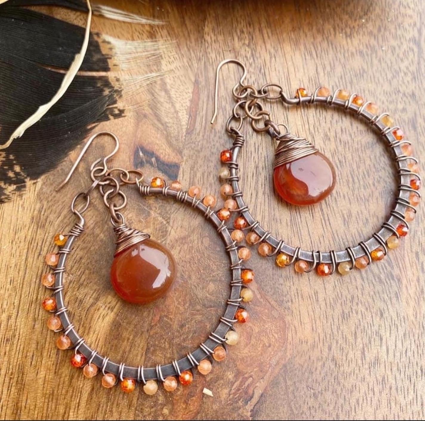 Orange leaves. Carnelian agate stone, copper metal, wire wrapped, earrings - Andria Bieber Designs 